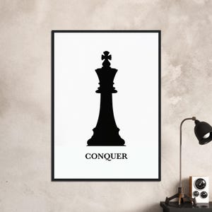 Conquer, Black King, Chess Wall Art, Motivational Poster, Black & White Print, Home Decor, Office Decor
