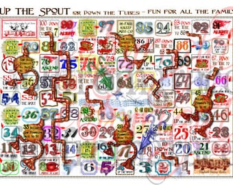 Printable Steampunk Snakes and ladders/chutes & Ladders Board Game 'Up the Spout'  - Original artwork + Free PC Jigsaw
