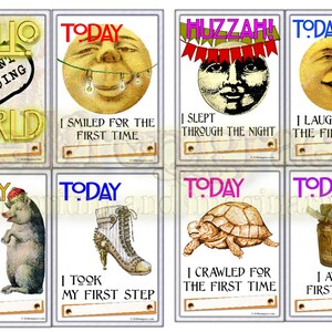 Printable International edition set of 40 Steampunk, goth, alternative, Baby Milestones cards with box. Unisex, great for baby shower.