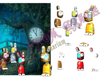 Printable Steampunk clockwork bunnies fantasy 3d digital artwork collage decoupage set for immediate download