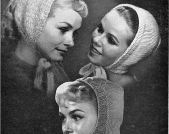 Printable - Five 1960's knitted hat patterns ... crown, pillbox and 3 hoods ... as a PDF file