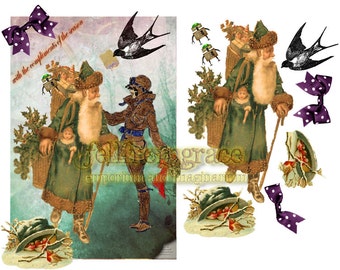 Printable - 3d decoupage set - Vintage steampunked Christmas santa and aviatrix card - Instant download