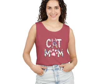 Cat Mom bloemen tanktop met luchtbelletter, shirt schattig kattenliefhebber, roze of wit mouwloos T-shirt, esthetisch huisdier moeder cadeau zomertop, roze strik T-shirt