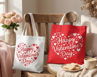 Valentine Tote Bag, Happy Valentines Day Canvas Bag, Heart Love Design Tote, Romantic Gift for Girlfriend Wife