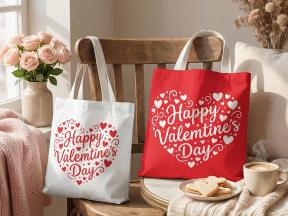 Valentine Tote Bag, Happy Valentines Day Canvas Bag, Heart Love Design Tote, Romantic Gift for Girlfriend Wife