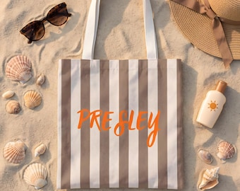 Personalized Striped Tote Bag Custom Name Beach Bag Minimalist Aesthetic Shopper Bag Summer Gift Reusable Bag Preppy Style Tote