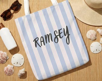 Personalized Striped Tote Bag Custom Name Minimal Blue White Aesthetic Beach Bag Reusable Shopper Gift For Her Summer Everyday Bag