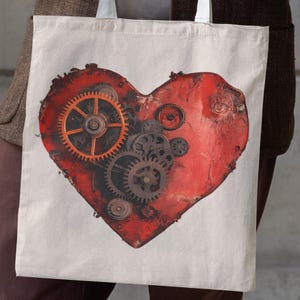 Steampunk Heart Tote Bag , Custom Name Gear Print Bag , Industrial Art Gift , Personalized Canvas Tote , Retro Gothic Style