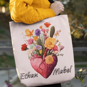 Custom Name Heart Tote Bag, Floral Anatomical Heart Bag, Personalized Gift for Her, Aesthetic Flower Canvas Bag with Cactus
