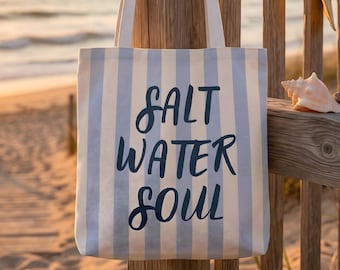 Salt Water Soul Tote Bag Blue White Striped Beach Bag Coastal Aesthetic Summer Shopper Ocean Lover Gift Minimalist Seaside Style