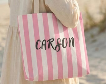 Personalized Pink Striped Tote Bag Custom Name Canvas Bag Preppy Aesthetic Beach Bag Bridesmaid Gift Reusable Shopping Bag