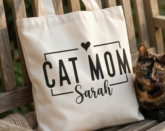 Personalized Cat Mom Tote Bag with Custom Name Cute Cat Lover Gift Reusable Canvas Shopping Tote for Cat Lady Everyday Market Carryall