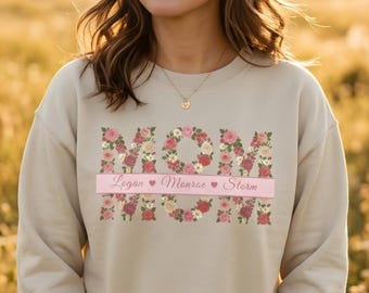 Personalized Mom Sweatshirt with Kids Names Floral Letter Design Custom Mothers Day Gift for Her Cozy Family Name Crewneck Pullover