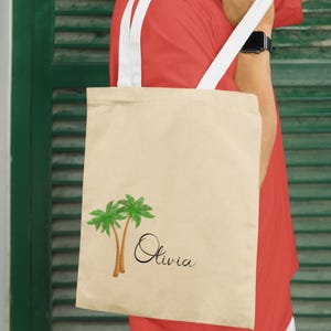 Personalized Palm Tree Tote Bag - Custom Name Summer Bag - Beach Tote - Gift for Her - Tropical Vacation Canvas Bag