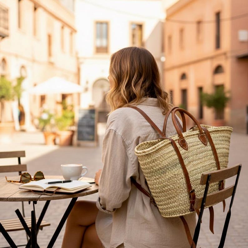 Marokkanischer Strohsack Rucksack - Handgemachte gewebte Strohtasche mit Lederriemen | Boho Strand Rucksack | Umweltfreundliche handwerkliche Korbtasche Bild 4
