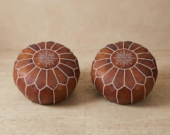 Set of 2 Moroccan Leather Poufs | Unstuffed Ottoman Footstool | Genuine Leather Floor Cushion | Round Tan Brown | Red City Craft