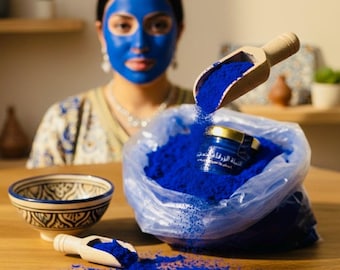 Blue Nila Powder (Moroccan Nila) Set + Rose Water + Soap | Nila Mask Ritual, Hammam Spa Gift, Handmade from Morocco