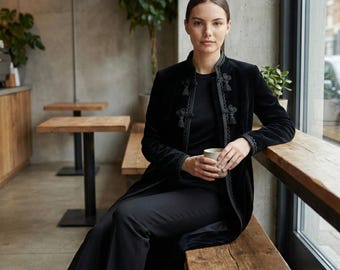 Black Velvet Duster Coat | Embroidered Opera Coat | Knee Length Boho Kimono | Vintage Style Evening Jacket