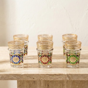 Moroccan Tea Glasses Set | Geometric Mosaic Gold Rim Cups | Zellige Style Glassware for Mint Tea & Espresso | Moorish Boho Kitchen Decor