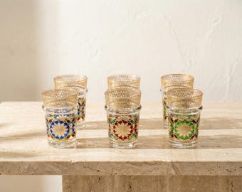 Moroccan Tea Glasses Set | Geometric Mosaic Gold Rim Cups | Zellige Style Glassware for Mint Tea & Espresso | Moorish Boho Kitchen Decor