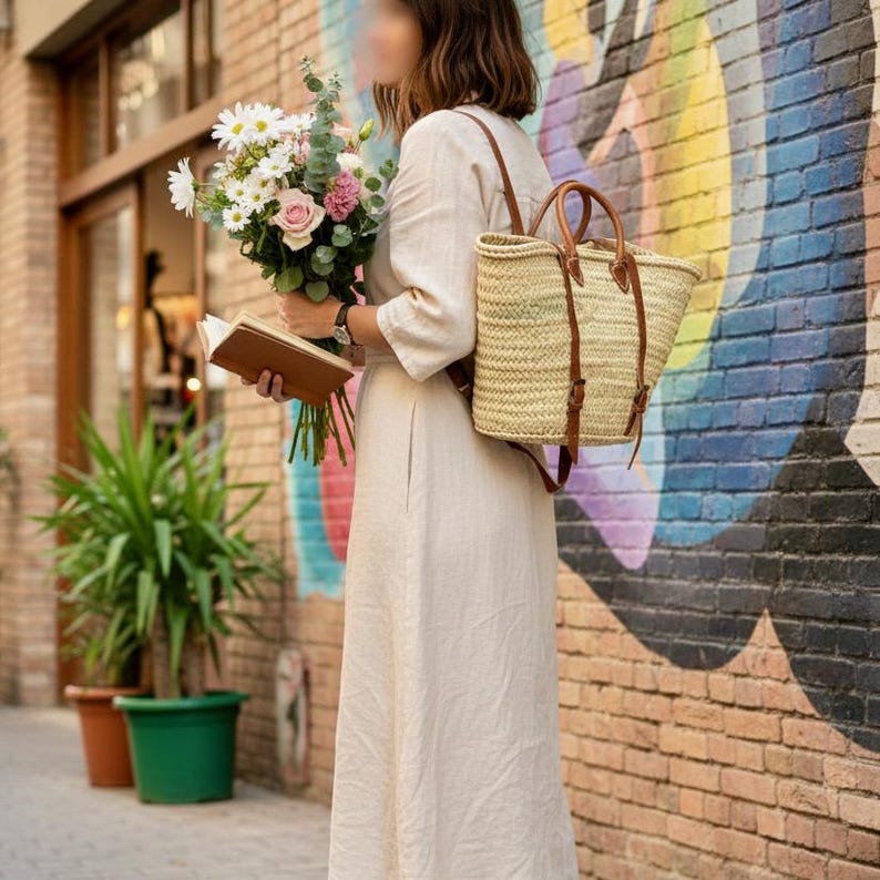 Marokkanischer Strohsack Rucksack - Handgemachte gewebte Strohtasche mit Lederriemen | Boho Strand Rucksack | Umweltfreundliche handwerkliche Korbtasche Bild 9