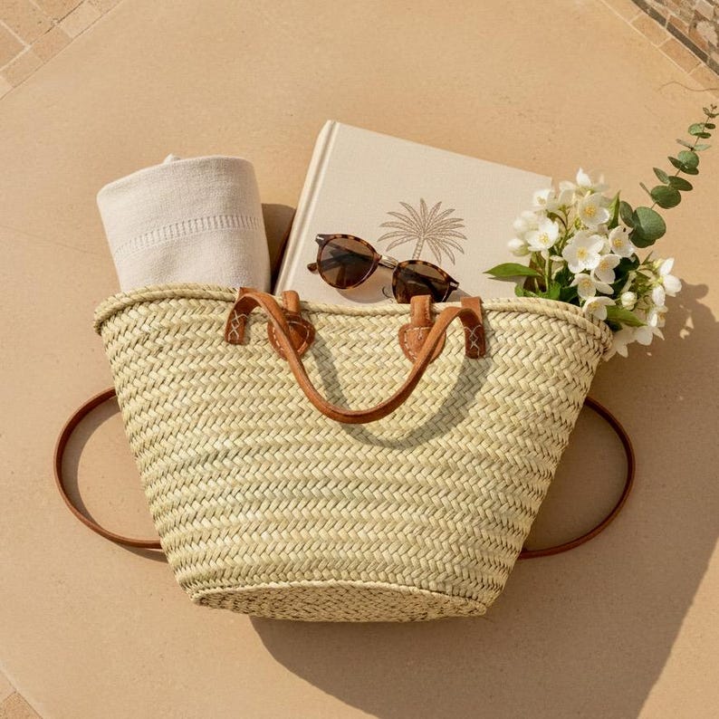 Marokkanischer Strohsack Rucksack - Handgemachte gewebte Strohtasche mit Lederriemen | Boho Strand Rucksack | Umweltfreundliche handwerkliche Korbtasche Bild 5