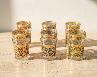 Moroccan Tea Glasses Set | Geometric Mosaic Gold Rim Cups | Zellige Style Glassware for Mint Tea & Espresso | Moorish Boho Kitchen Decor