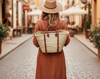 Moroccan Straw bag Backpack – Handmade Woven Straw Bag with Leather Straps | Boho Beach Backpack | Eco-Friendly Artisanal Basket Bag