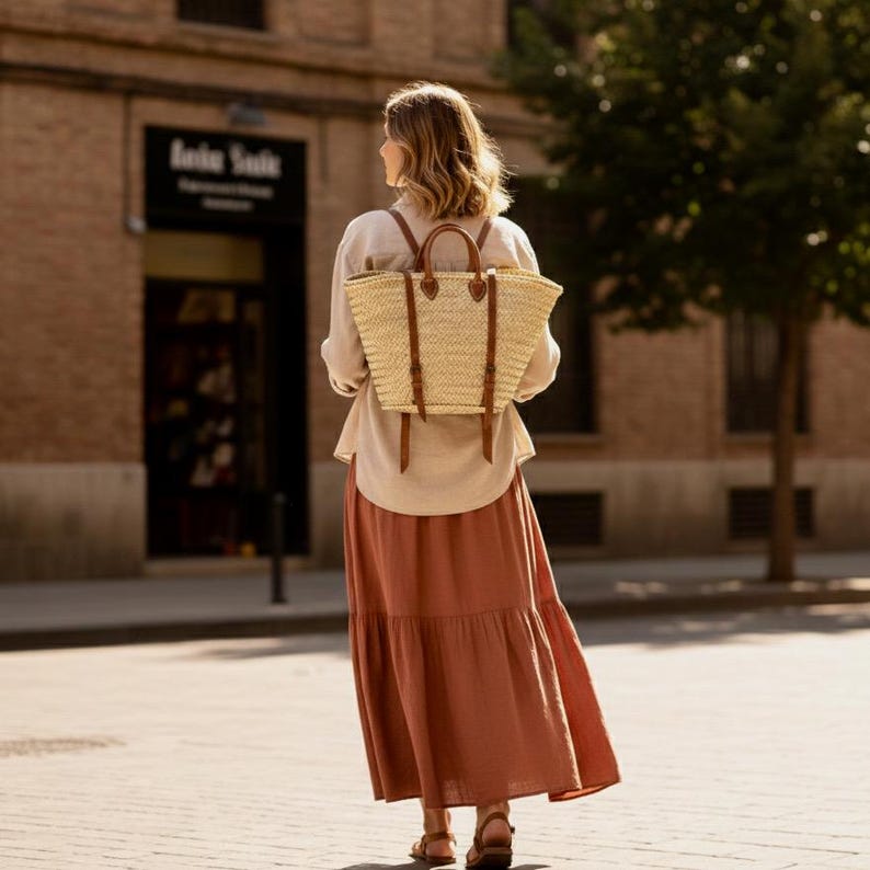 Marokkanischer Strohsack Rucksack - Handgemachte gewebte Strohtasche mit Lederriemen | Boho Strand Rucksack | Umweltfreundliche handwerkliche Korbtasche Bild 8