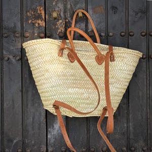 Marokkanischer Strohsack Rucksack - Handgemachte gewebte Strohtasche mit Lederriemen | Boho Strand Rucksack | Umweltfreundliche handwerkliche Korbtasche Bild 6