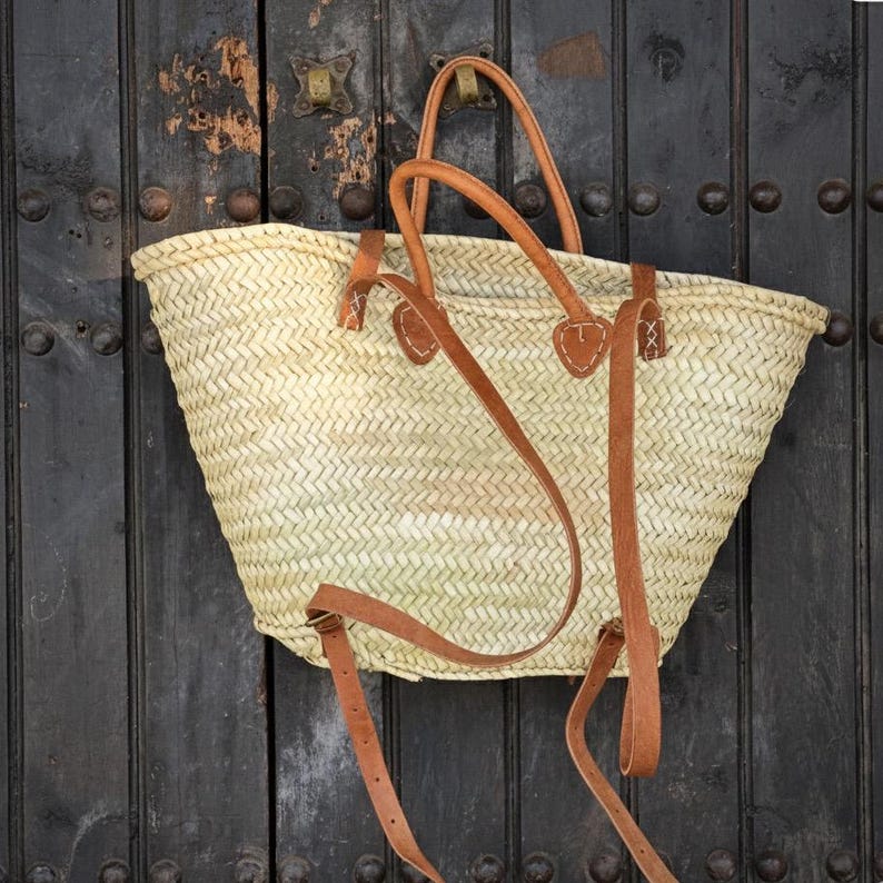 Marokkanischer Strohsack Rucksack - Handgemachte gewebte Strohtasche mit Lederriemen | Boho Strand Rucksack | Umweltfreundliche handwerkliche Korbtasche Bild 6