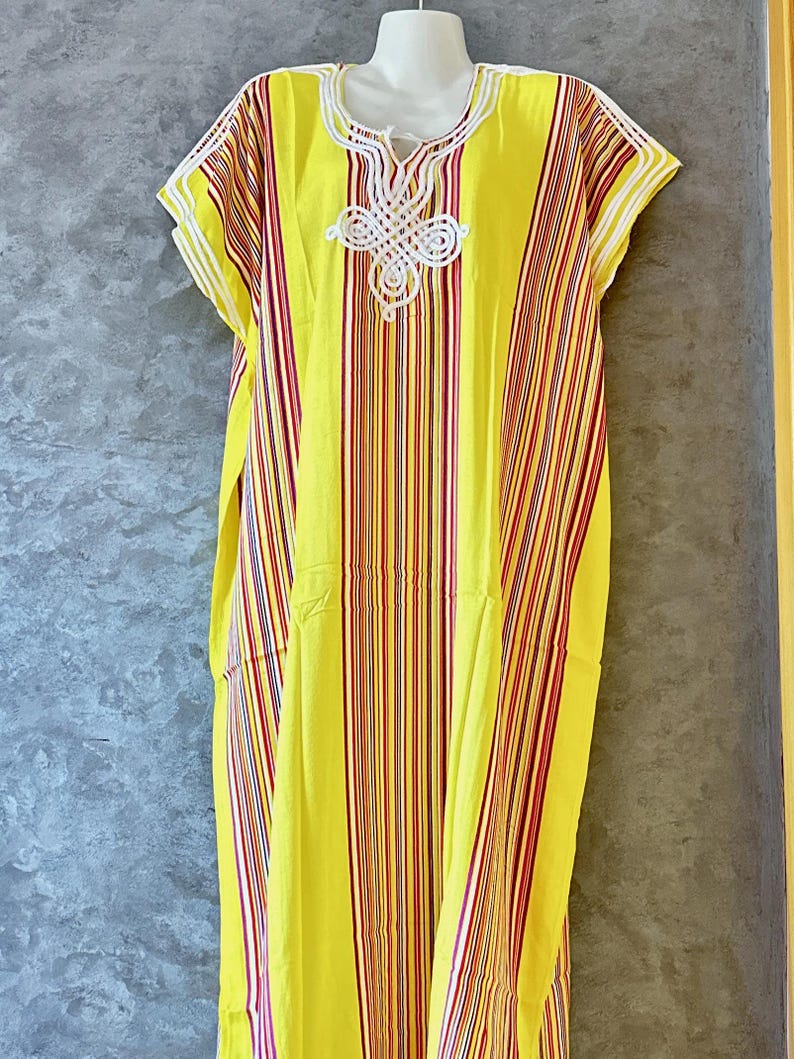 Gandoura Kaftan voor dames van hoogwaardig katoen - Bohemian Marrakesh stijl, standaardmaat, Geel, One Size