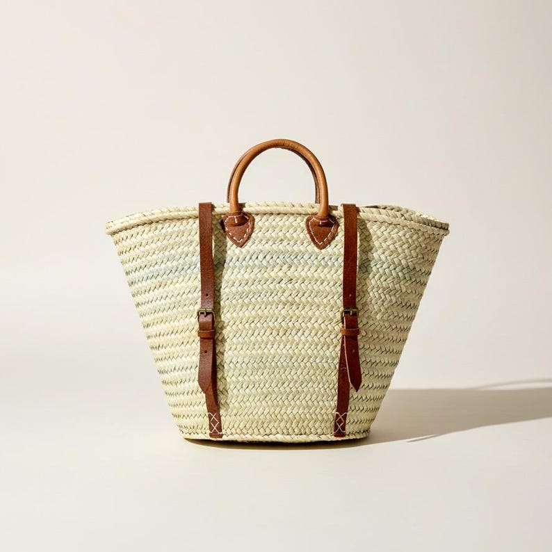 Marokkanischer Strohsack Rucksack - Handgemachte gewebte Strohtasche mit Lederriemen | Boho Strand Rucksack | Umweltfreundliche handwerkliche Korbtasche Bild 2