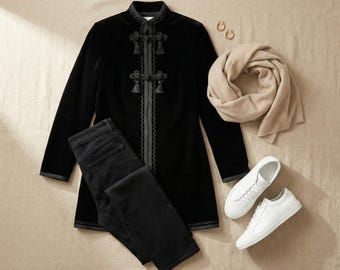 Women's Velvet Blazer | Moroccan Embroidered Jacket | Black Velvet Jacket | Boho Wedding Guest Coat | Formal Velvet Tuxedo Evening