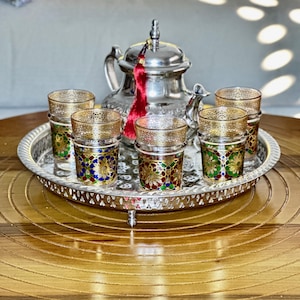 Medium Moroccan tea set and tray with set of 6 Moroccan tea glasses Moroccan tea pot Medium Moroccan tea tray