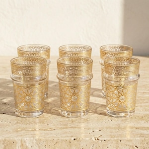 Moroccan Tea cups Set | Gold Geometric Mosaic Cups | Zellige Style Glassware for Mint Tea & Espresso | Moorish Boho Kitchen Decor