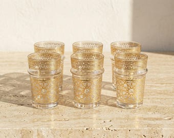 Moroccan Tea cups Set | Gold Geometric Mosaic Cups | Zellige Style Glassware for Mint Tea & Espresso | Moorish Boho Kitchen Decor