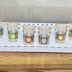 Moroccan Tea Glasses: Hand-Painted Gold Beldi Cups, Set of Colorful Glassware