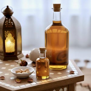 Puede incluir: Dos botellas de vidrio con tapones de corcho, una grande y otra pequeña, llenas de líquido ámbar. Un pequeño cuenco blanco contiene varias nueces de color claro. Una linterna decorativa y pétalos de rosa también están sobre la superficie de madera.