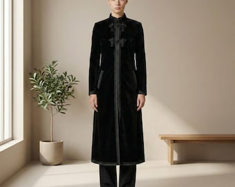 Velvet Duster Coat | Embroidered Opera Coat Black | Knee Length Boho Kimono | Vintage Style Evening Jacket