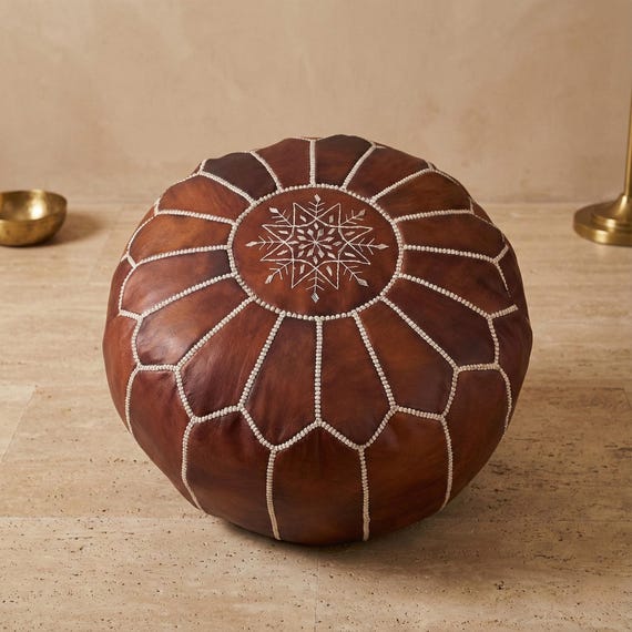 Moroccan Leather Pouf | Unstuffed Ottoman Footstool | Boho Living Room | Genuine Leather Floor Cushion | Round Tan Brown | Red City Craft