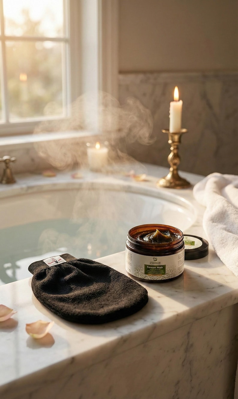 Royal Moroccan Hammam Spa Kit | Eucalyptus Black Soap, Kessa Glove, Rhassoul Clay, Nila Powder, Argan Oil | Exclusive Artisan Detox Gift Set image 3