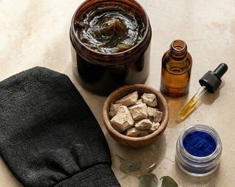 Royal Moroccan Hammam Spa Kit: Eucalyptus Black Soap, Kessa Exfoliating Glove, Rhassoul Clay & Blue Nila | Luxury Detox Gift Box for Her