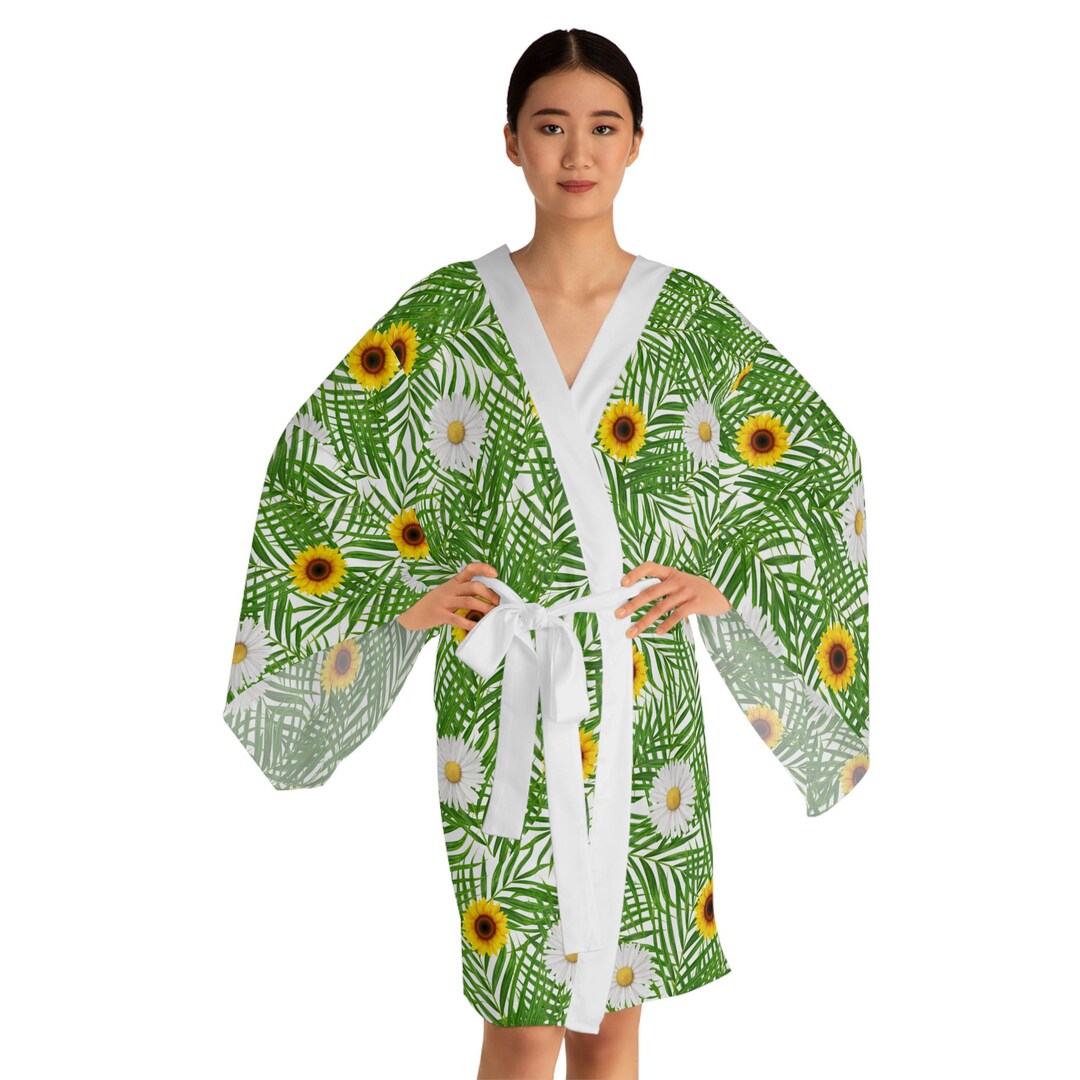 Sunflower Daisy Flower Design Kimono, Bamboo Leaves Greeny Backdrop ...