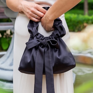 Bridesmaids Satin Elegant Black Clutch - Evening BOW Bag, Handmade purse for event party, Women handbag, Wedding guest bag, Bridesmaids gift