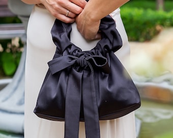 Satin Bow Clutch: Elegant Black Evening Bag, Handmade Party Purse