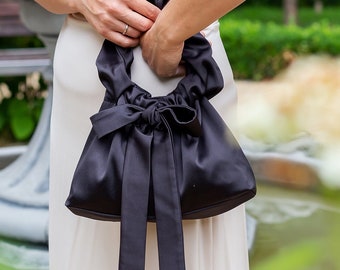 Black Satin Evening Bow Clutch Cocktail Party Bag Silk Tiny Handbag Stylish satin purse Wedding bag Small Handmade bag for event Gift