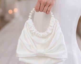 パールハンドル付きハンドメイドブライダルクラッチバッグ、花嫁へのウェディングハンドバッグギフト