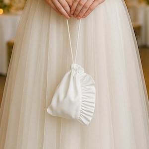 Handmade Ivory Satin Bridal Clutch: Ruffled Drawstring Evening Bag