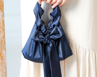 Navy Blue Satin Evening Clutch: Elegant Bow Handbag, Wedding Guest Purse